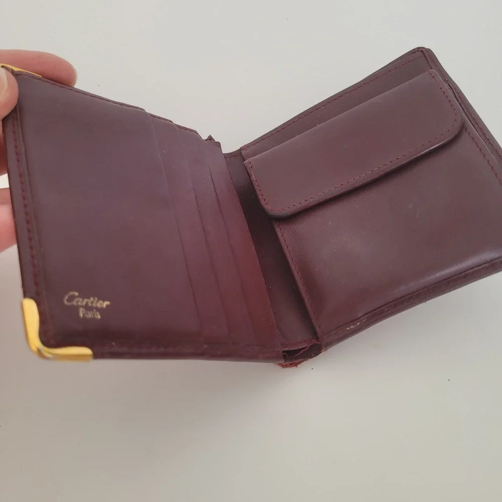 Cartier Vintage Must de Cartier Burgundy Leather Bifold Wallet Gold Corners